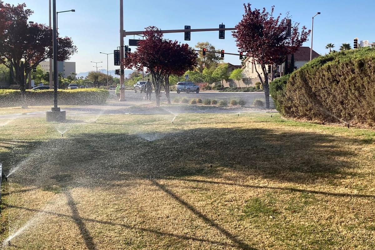 Sprinklers water grass near a street corner in the Summerlin neighborhood of northwest Las Vega ...