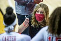 UNLV Lady Rebels head coach Lindy La Rocque instructs her players during a time out versus the ...