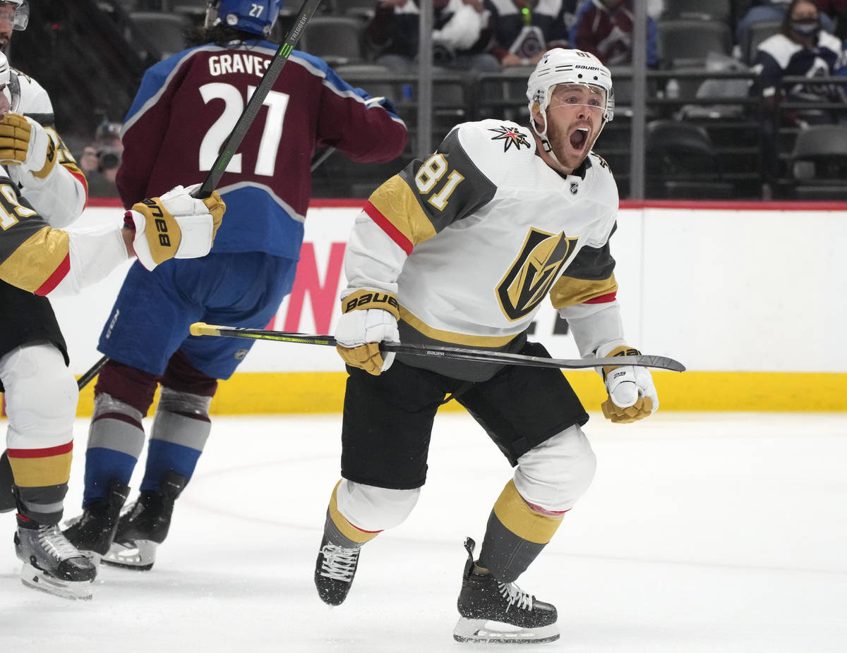 Vegas Golden Knights center Jonathan Marchessault celebrates after scoring the tying goal, whil ...