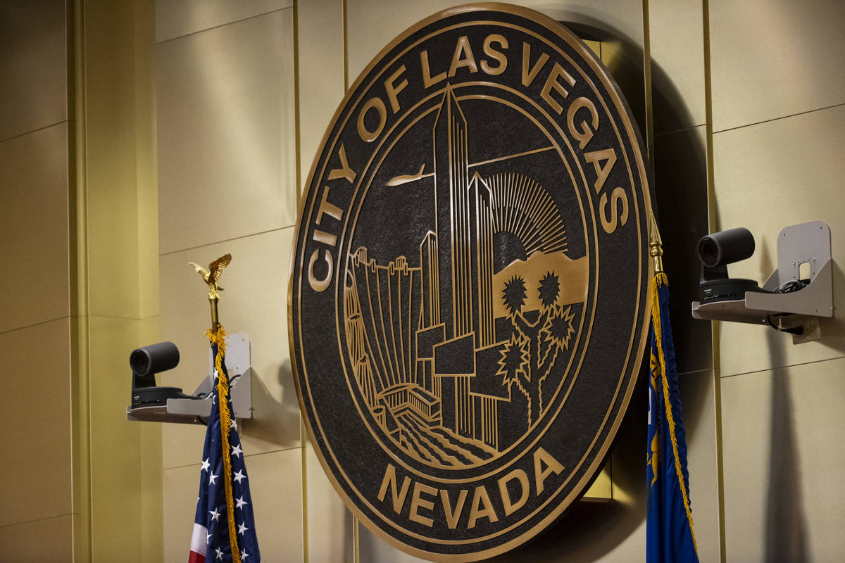 The City of Las Vegas seal is seen during a Las Vegas City Council meeting in Las Vegas on Wedn ...