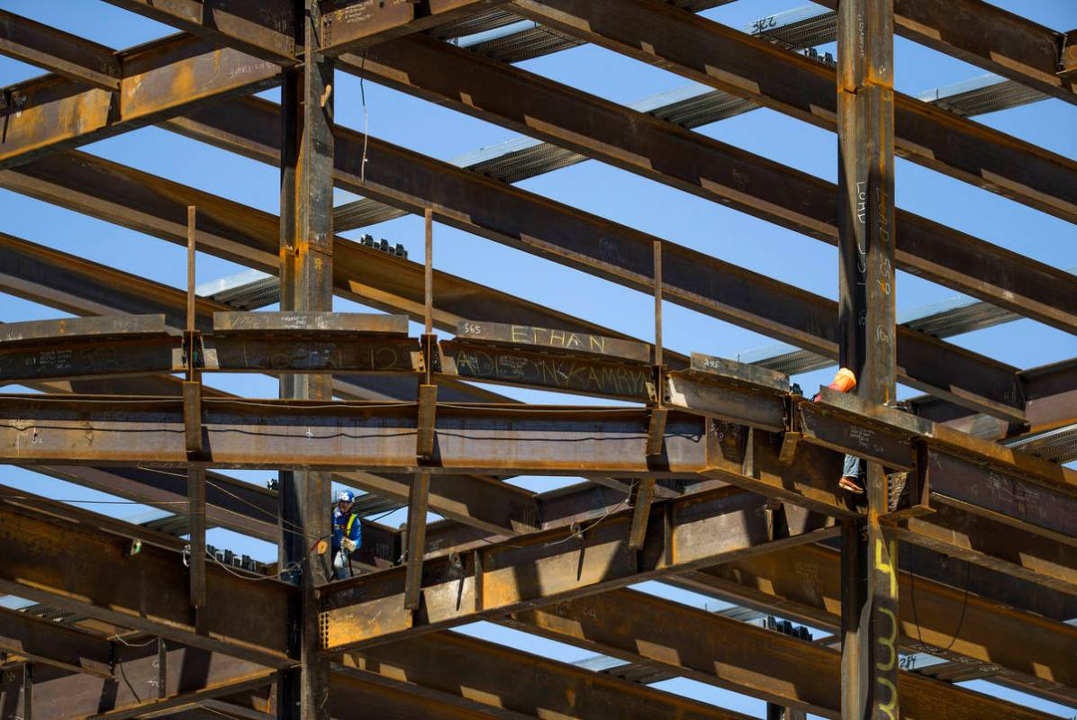 Crews work as construction continues on Resorts World on Tuesday, April 14, 2020 in Las Vegas. ...