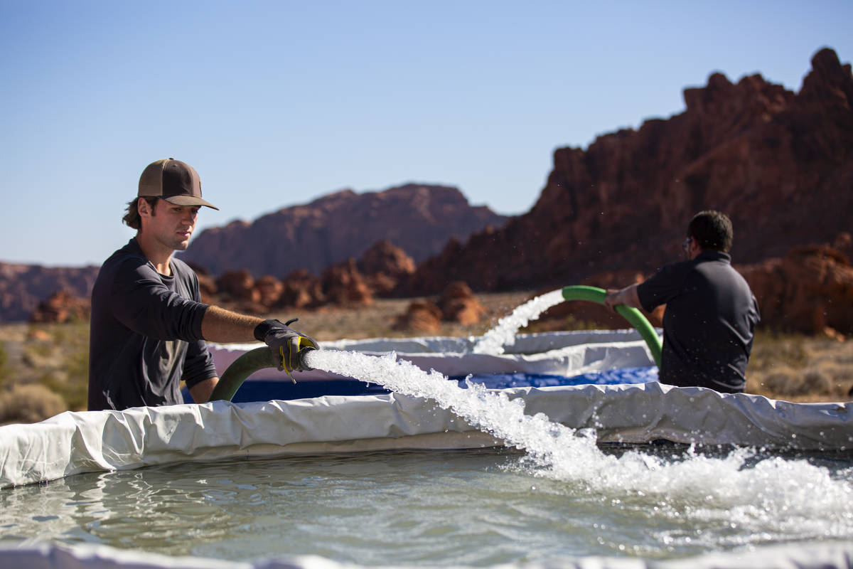 Seth Wilson, a Lathrop-Capurro memorial intern with the Nevada Department of Wildlife, replenis ...