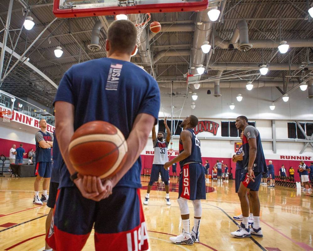 Forward Jaylen Brown (33), of the Boston Celtics, center, attempt a free-throw after the USA ba ...
