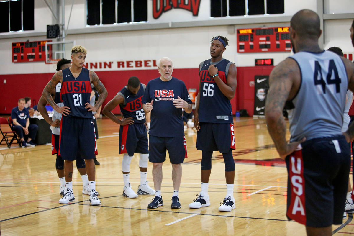 Coach Gregg Popovich of the San Antonio Spurs speaks to players during practice for the USA Men ...