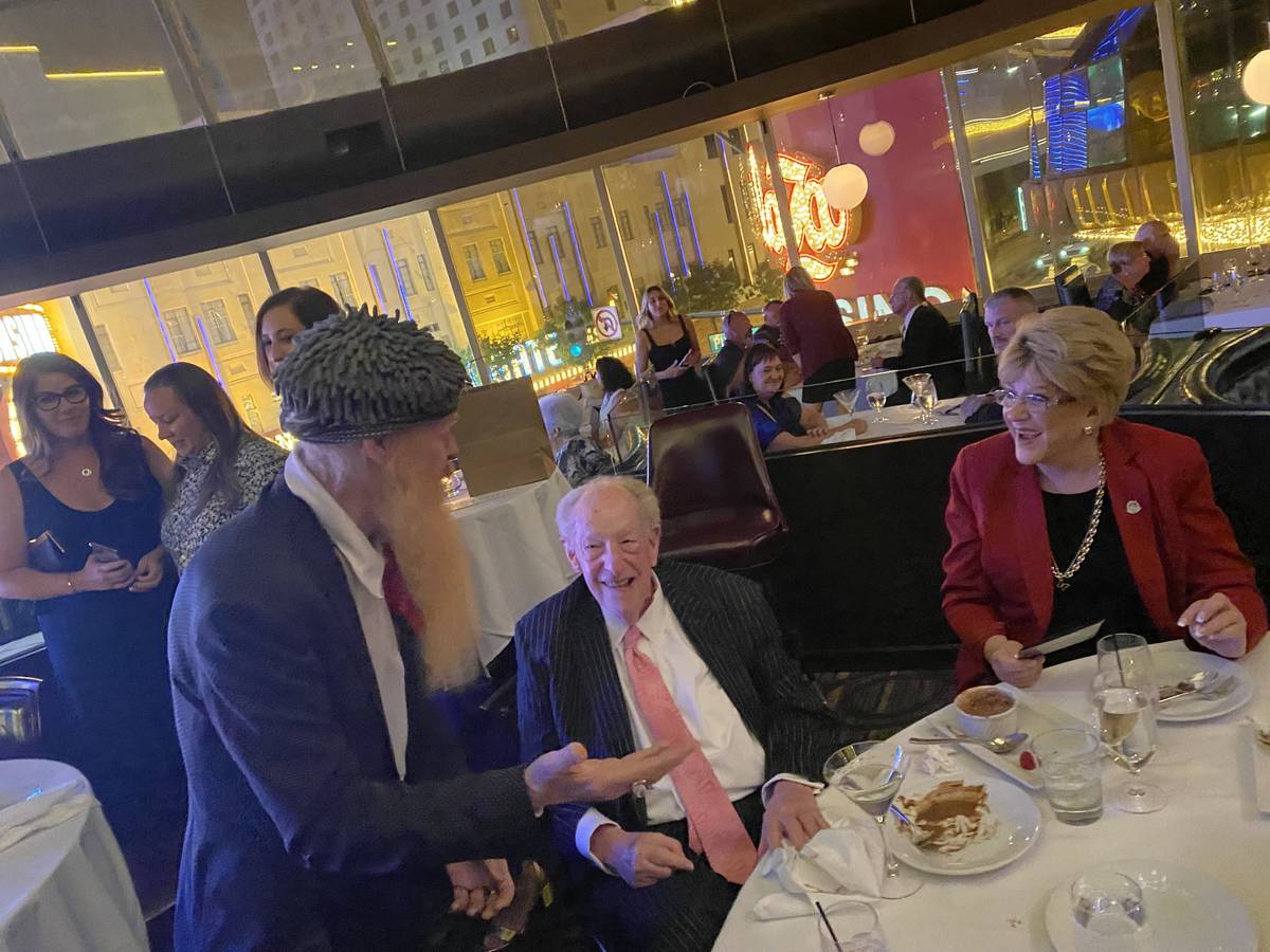 Billy Gibbons of ZZ Top is shown with Las Vegas Mayor Carolyn Goodman and ex-Mayor Oscar Goodma ...