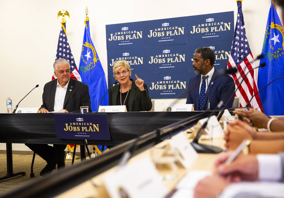 Energy Secretary Jennifer Granholm, center, speaks alongside Gov. Steve Sisolak, left, and U.S. ...