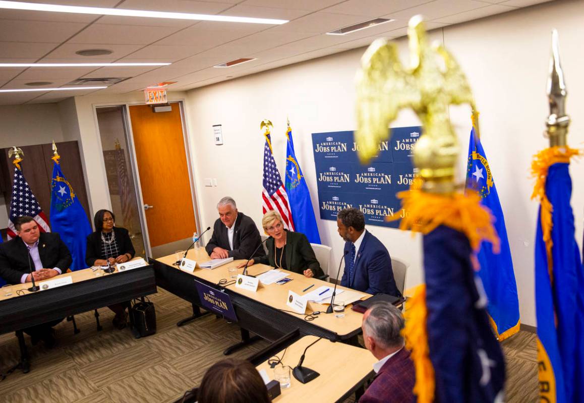 Energy Secretary Jennifer Granholm, center, speaks alongside Gov. Steve Sisolak, left, and U.S. ...