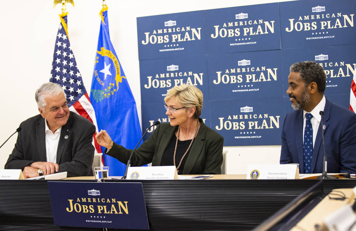 Energy Secretary Jennifer Granholm, center, speaks alongside Gov. Steve Sisolak, left, and U.S. ...