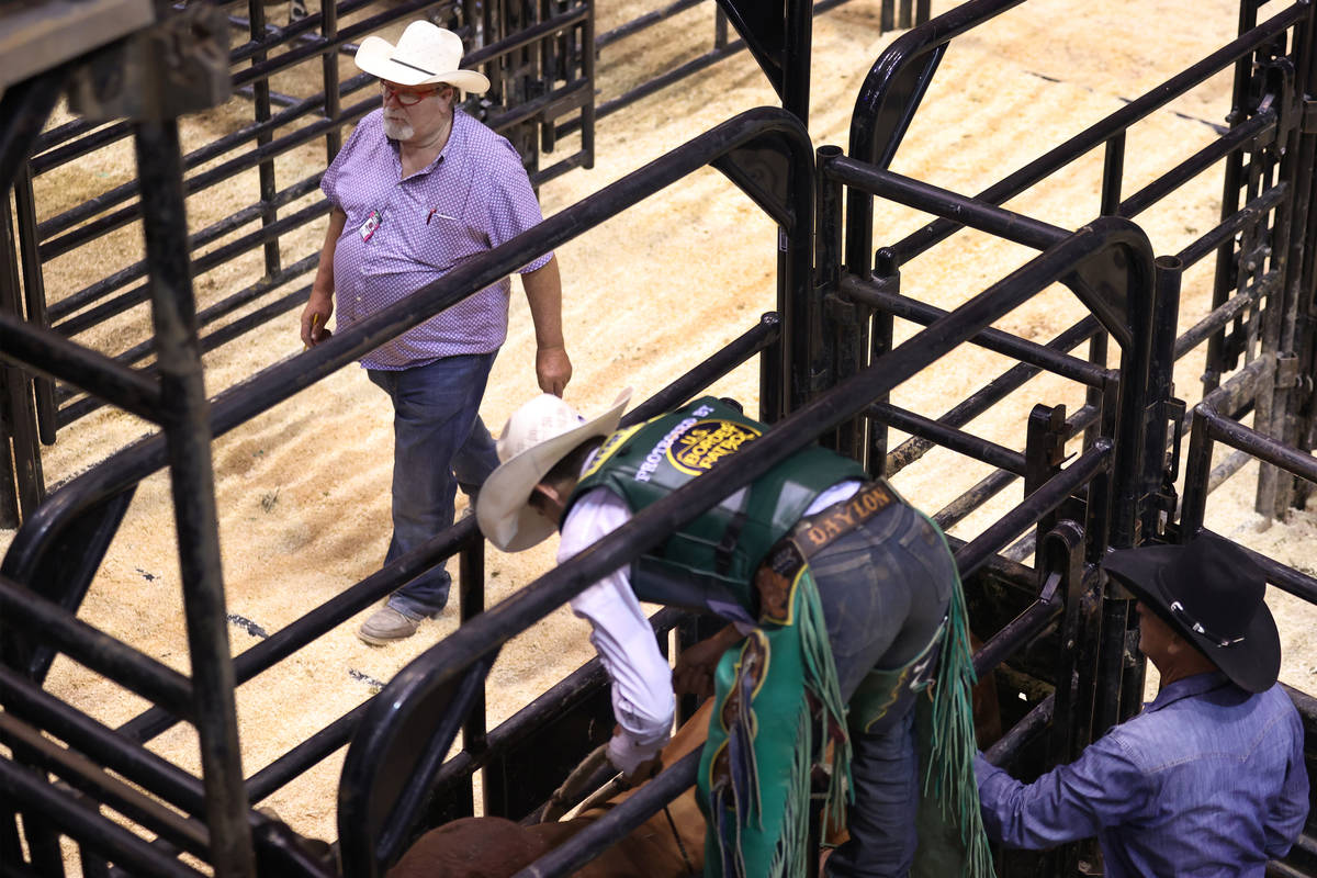 Former bullfighter Ted Groene works bull logistics behind the scenes during the Professional Bu ...