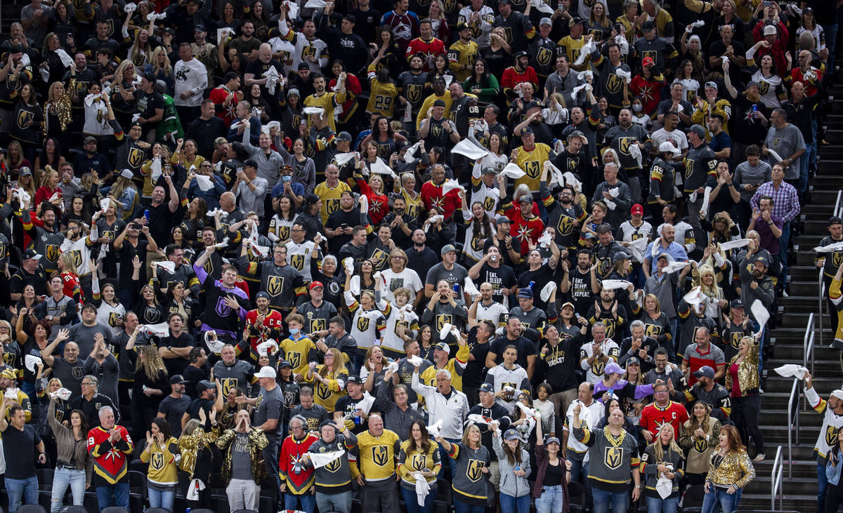 Golden Knights fans celebrate another goal over the Colorado Avalanche during the third period ...