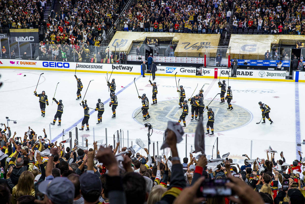 Golden Knights thank the fans after defeating the Colorado Avalanche 6-3 following the third pe ...