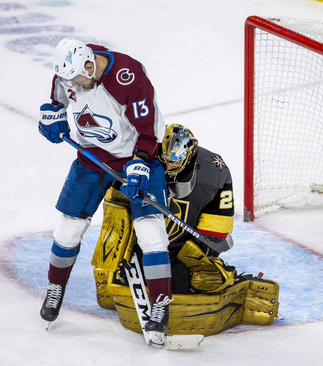 Colorado Avalanche right wing Valeri Nichushkin (13) has a shot defended by Golden Knights goal ...