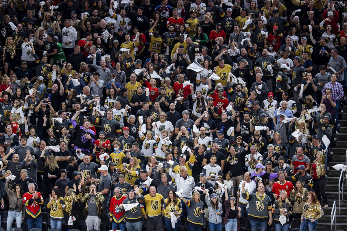 Golden Knights fans celebrate another goal over the Colorado Avalanche during the third period ...