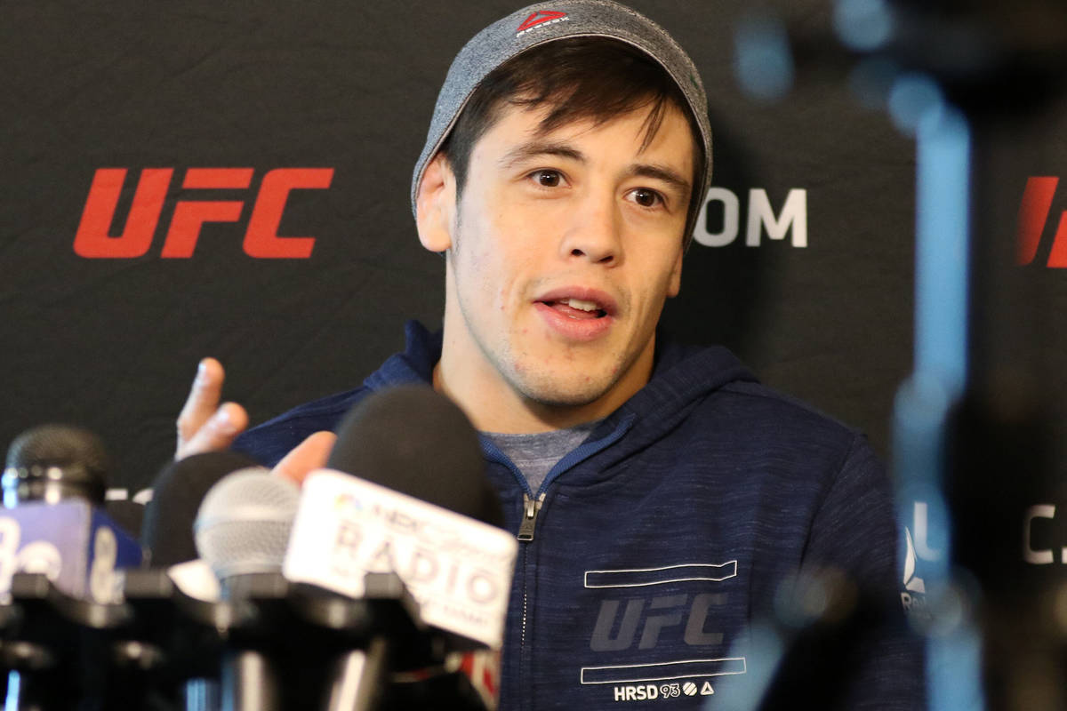 UFC flyweight Brandon Moreno answers questions from reporters at a media day ahead of UFC 223 a ...