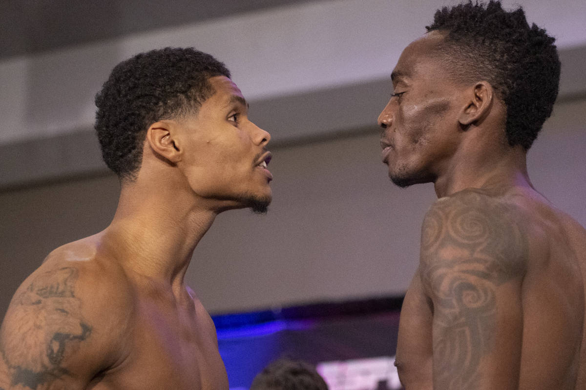 Shakur Stevenson, left, and Jeremiah Nakathila, face off during a weigh-in event at the Virgin ...