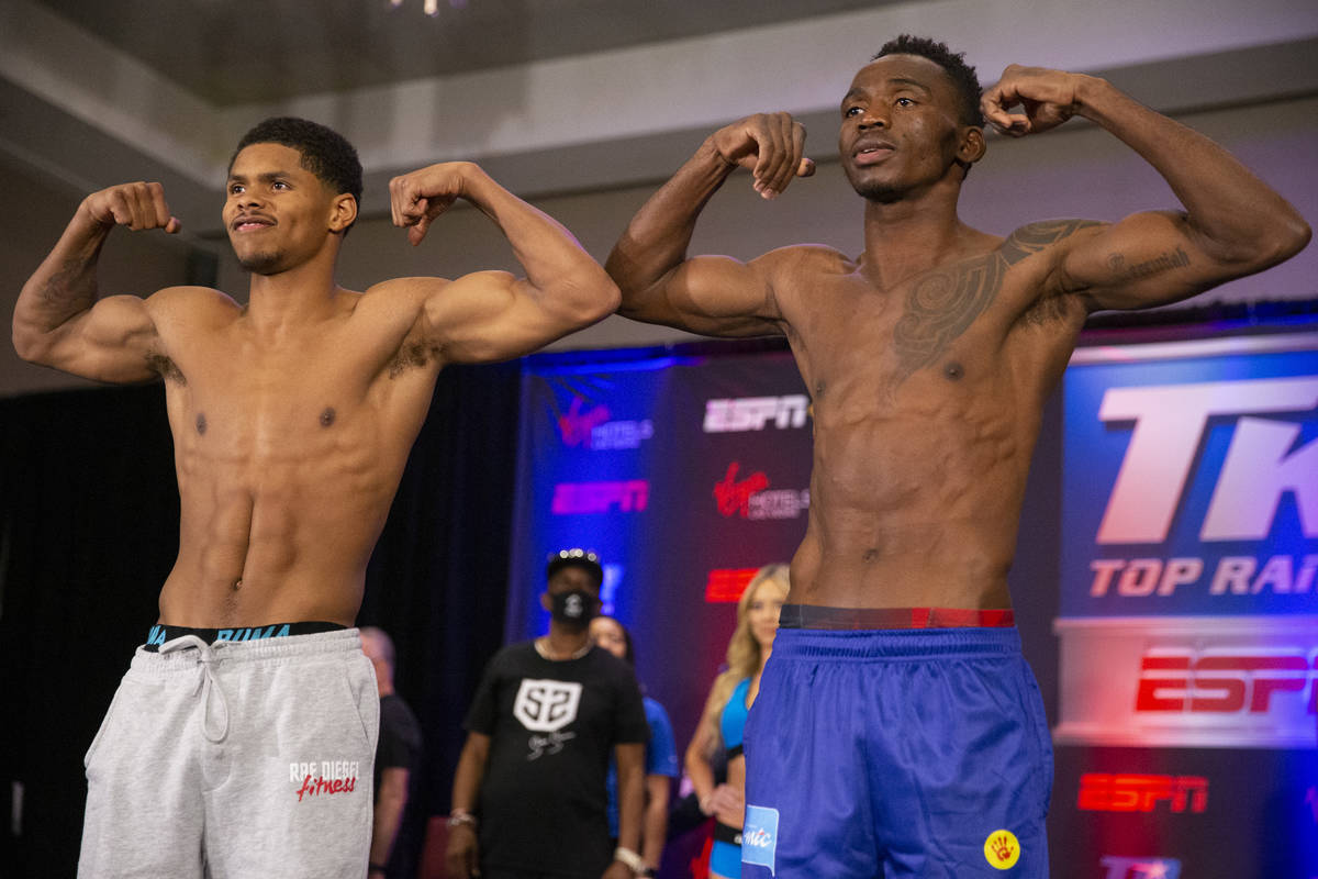 Shakur Stevenson, left, and Jeremiah Nakathila, pose during a weigh-in event at the Virgin Hote ...