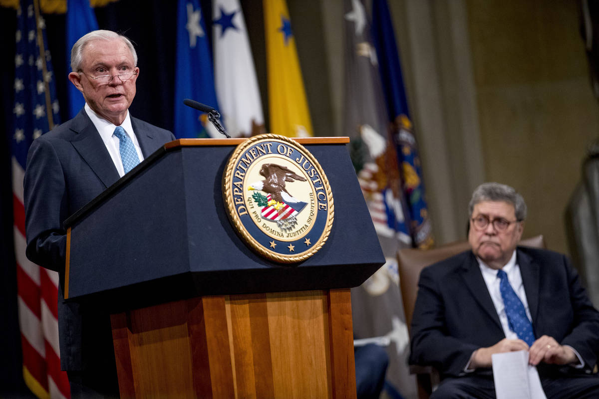 FILE - In this May 9, 2019 file photo, former Attorney General Jeff Sessions, accompanied by At ...