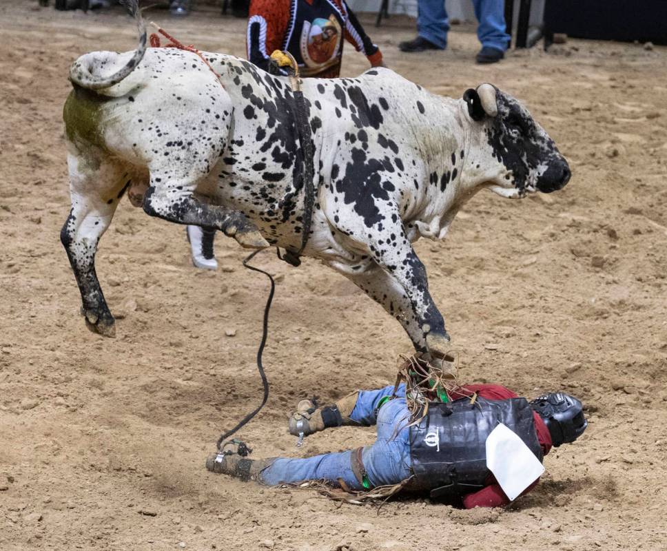 Jay Miller, of Liberty, S.C., is thrown while atop of Hulk as he competes Bull Riding at the Bi ...