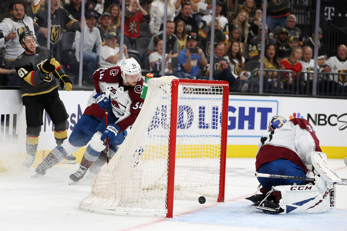 Vegas Golden Knights center Jonathan Marchessault (81) takes a shot for a score against Colorad ...