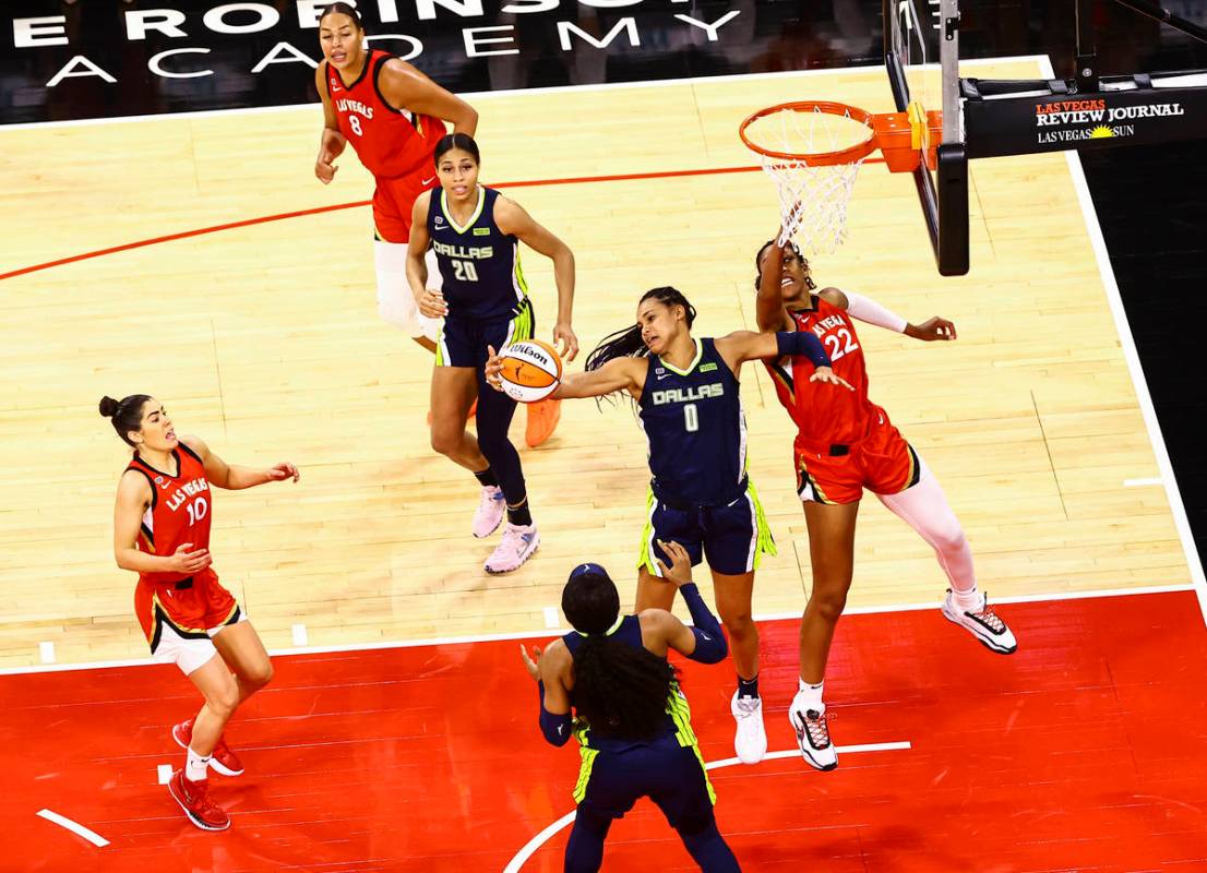 Dallas Wings' Satou Sabally (0) gets a rebound in front of Las Vegas Aces' A'ja Wilson (22) dur ...