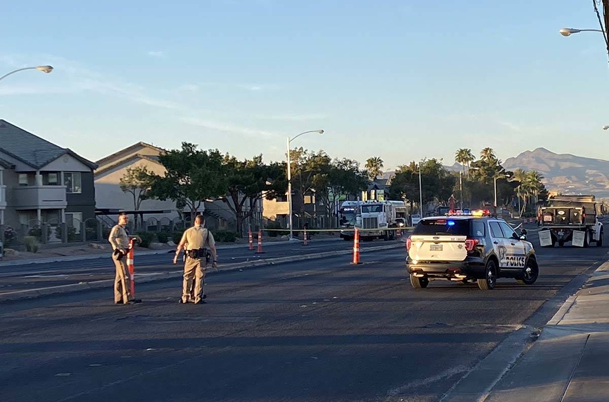 Las Vegas police were investigating a crash involving a vehicle versus pedestrian on Nellis Bou ...