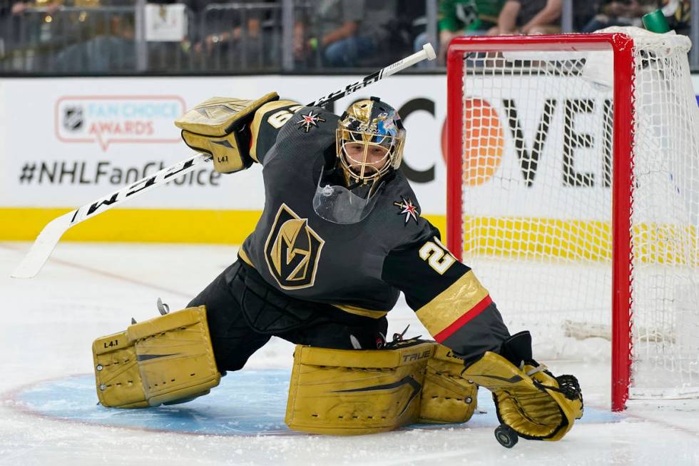 Marc-Andre Fleury grabs the puck against the Colorado Avalanche on Friday, June 4, 2021, in Las ...
