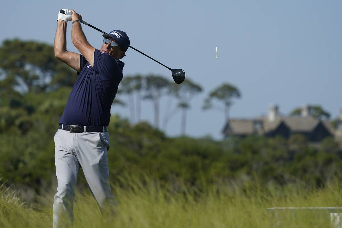 Phil Mickelson hits from the 11th hole during the final round at the PGA Championship golf tour ...