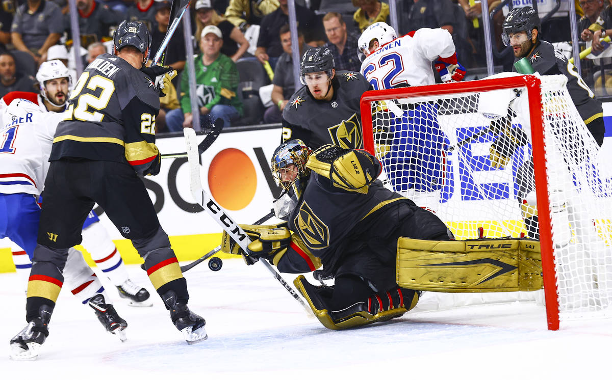 Golden Knights goaltender Marc-Andre Fleury (29) stops the puck against the Montreal Canadiens ...