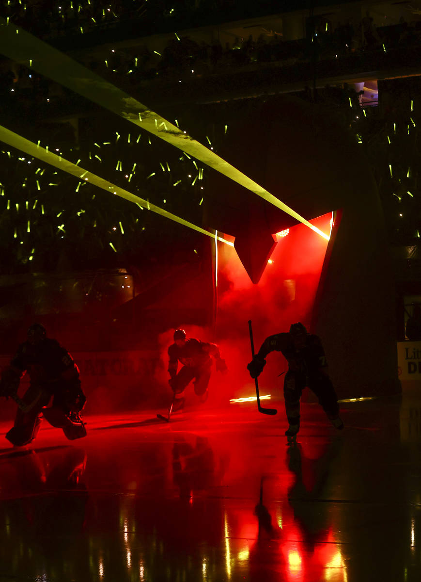 The Golden Knights skate onto the ice before the start of Game 1 of an NHL hockey Stanley Cup s ...