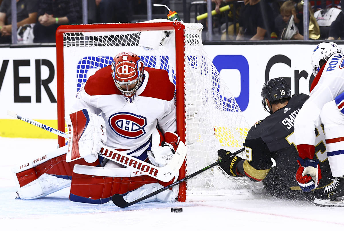 Montreal Canadiens goaltender Carey Price (31) blocks an attempt from Golden Knights' Reilly Sm ...