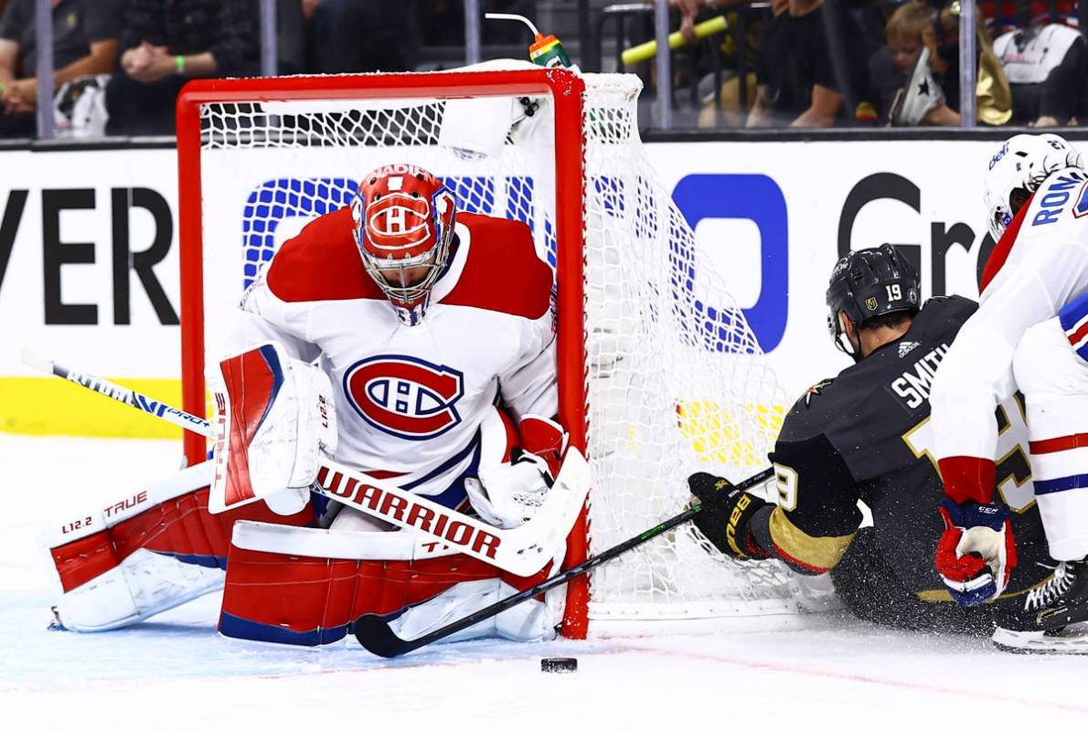 Montreal Canadiens goaltender Carey Price (31) blocks an attempt from Golden Knights' Reilly Sm ...