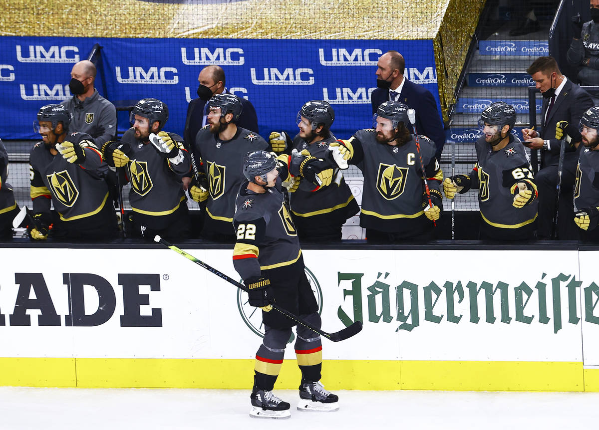 Golden Knights’ Nick Holden celebrates his goal during the third period of Game 1 of an ...