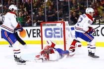Montreal Canadiens goaltender Carey Price (31) stops the puck against the Golden Knights during ...