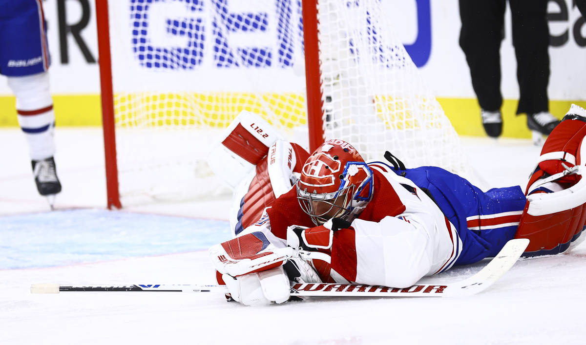 Montreal Canadiens goaltender Carey Price (31) stops the puck against the Golden Knights during ...