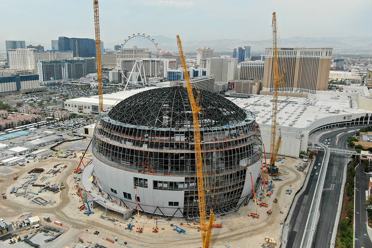 An aerial photo of the MSG Sphere at the showing the completed