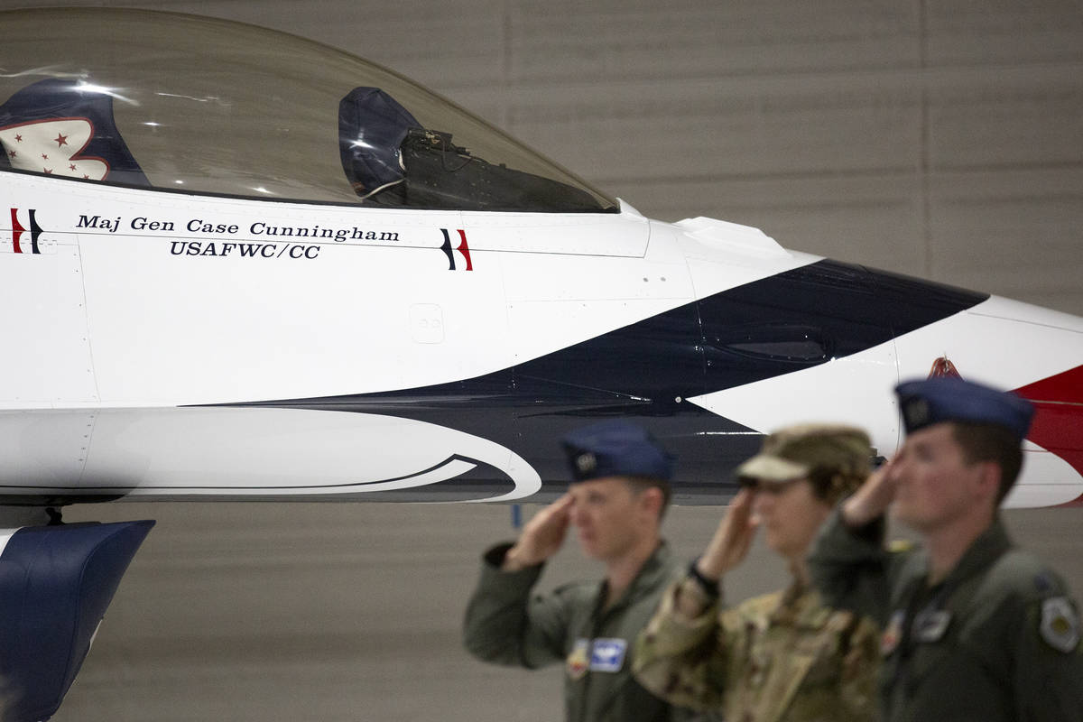 Maj. Gen. Case Cunningham's name is shown labeled on a Thunderbird jet at Nellis Thunderbird Ha ...