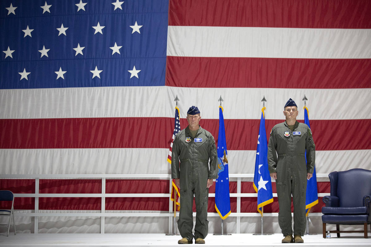 Gen. Mark Kelly and outgoing commander of the U.S. Air Force Warfare Center, Maj. Gen. Charles ...
