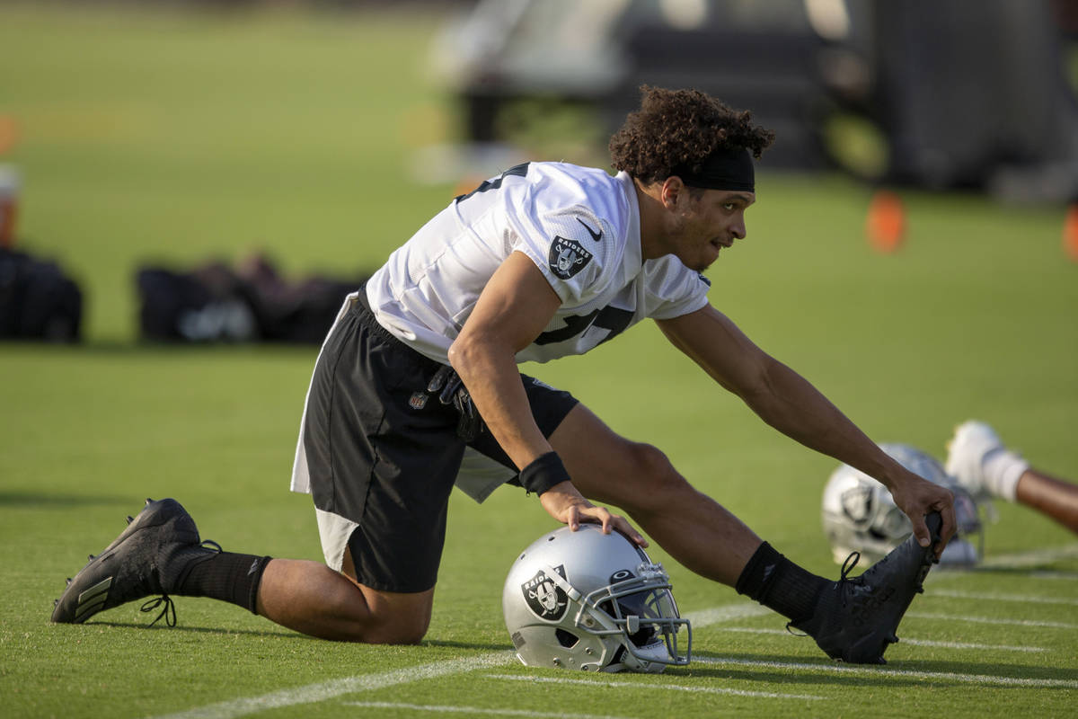 Raiders wide receiver Willie Snead (17) stretches during an NFL football practice on Wednesday, ...