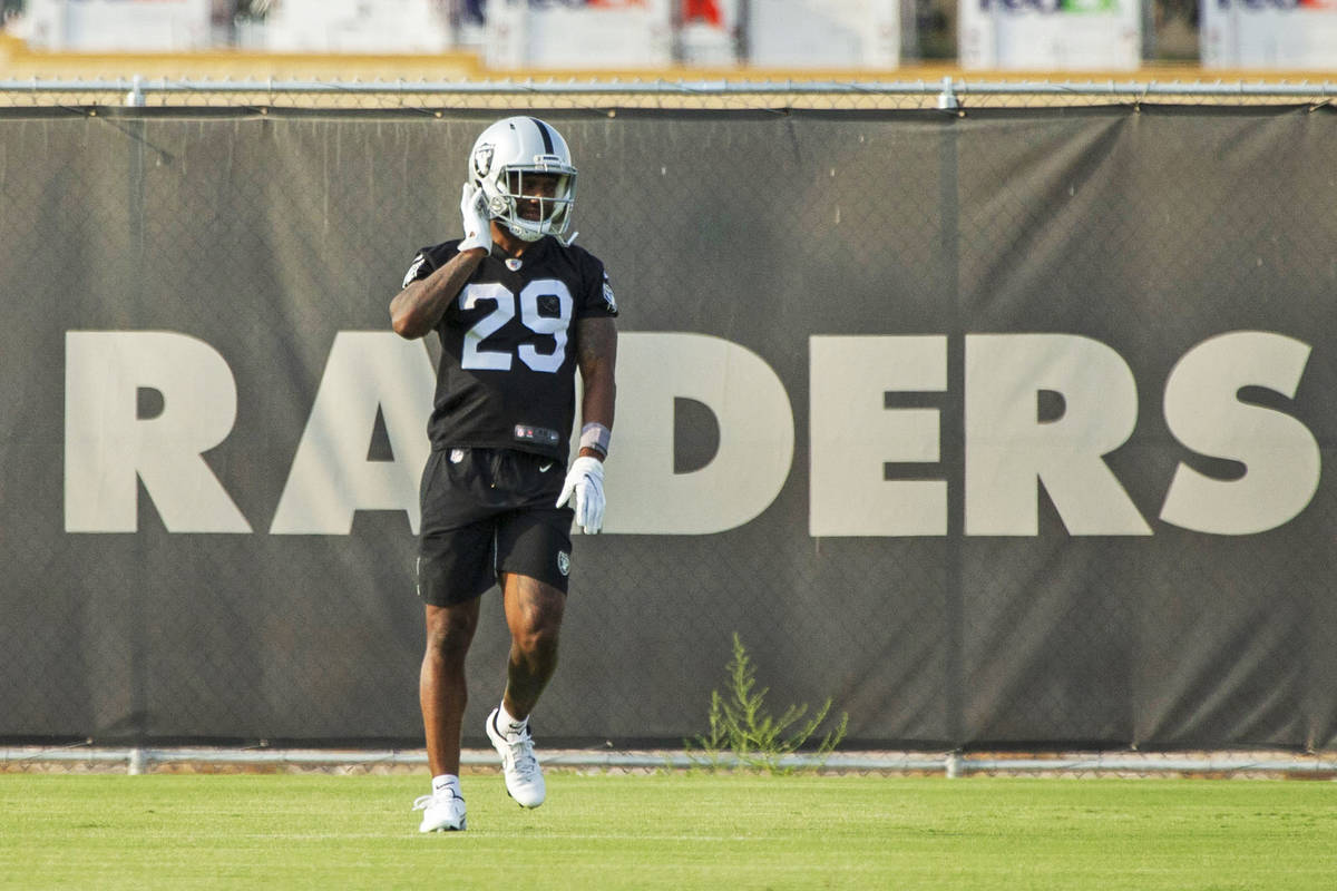 Raiders cornerback Casey Hayward (29) during an NFL football practice on Wednesday, June 16, 20 ...