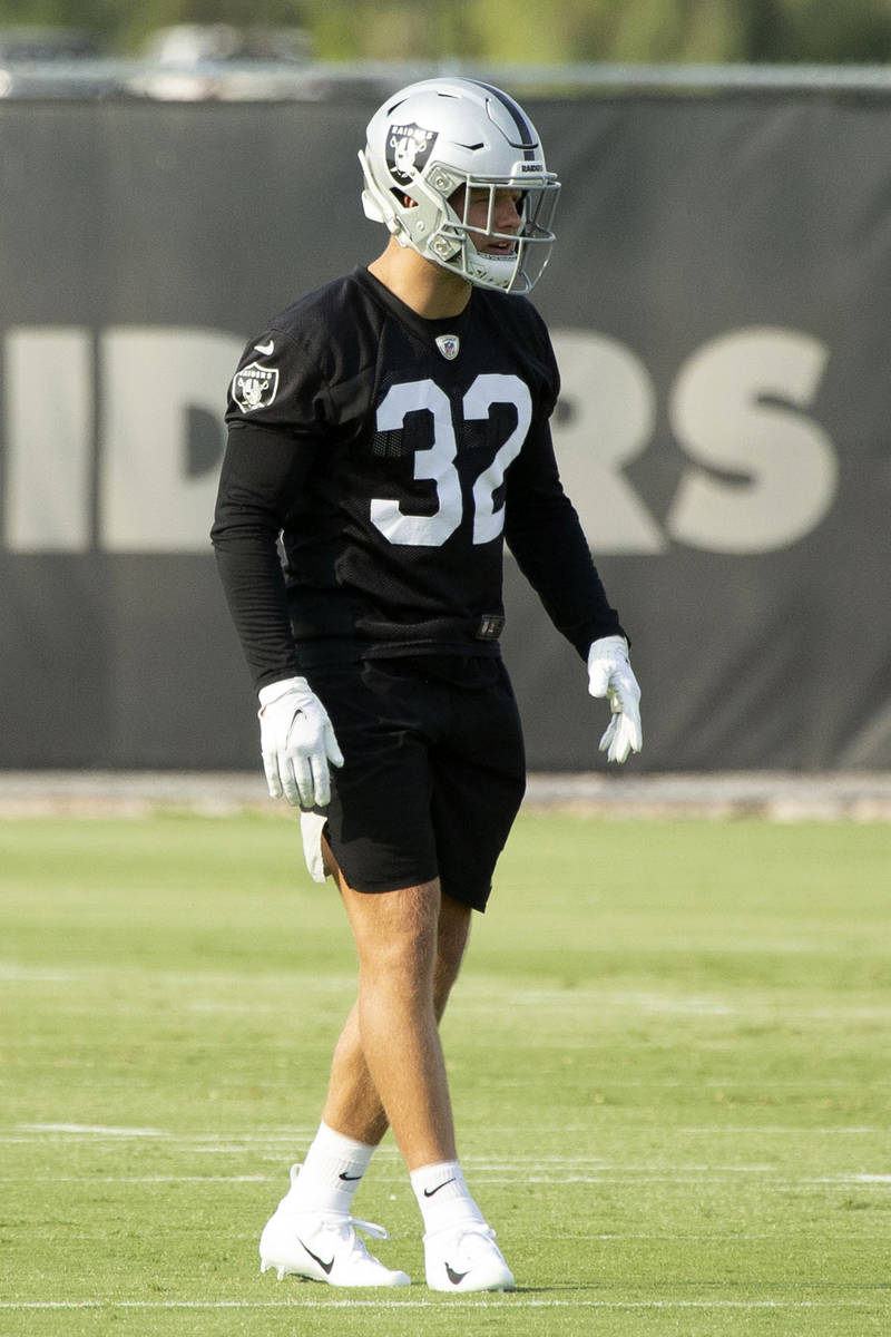 Raiders safety Dallin Leavitt (32) during an NFL football practice on Wednesday, June 16, 2021, ...