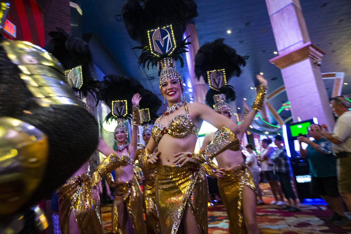 The Vegas Belles participate in a parade before the start of Game 2 against the Montreal Canadi ...