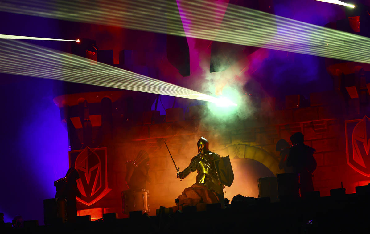 The Golden Knight performs before the start of Game 2 in an NHL hockey Stanley Cup semifinal pl ...