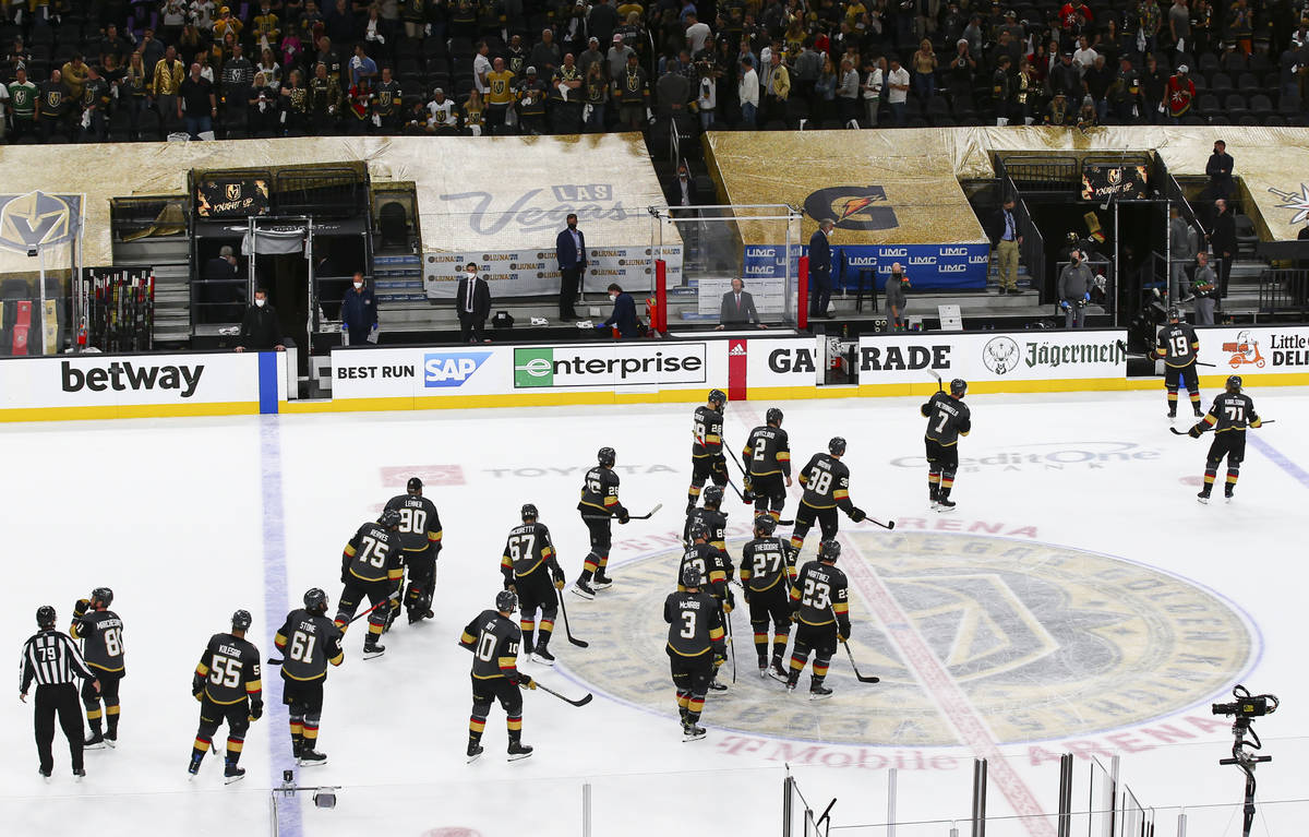 The Golden Knights skate off the ice following a 3-2 loss to the Montreal Canadiens in Game 2 i ...