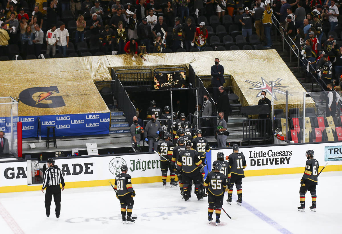 The Golden Knights leave the ice following a 3-2 loss to the Montreal Canadiens in Game 2 in an ...