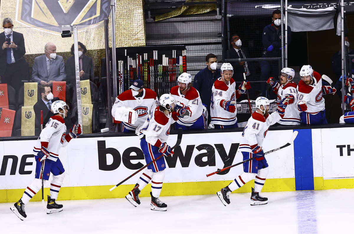 Montreal Canadiens' Paul Byron (41) celebrates his goal against Golden Knights goaltender Marc- ...