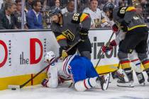 Golden Knights right wing Keegan Kolesar (55) controls the puck after checking Montreal Canadie ...