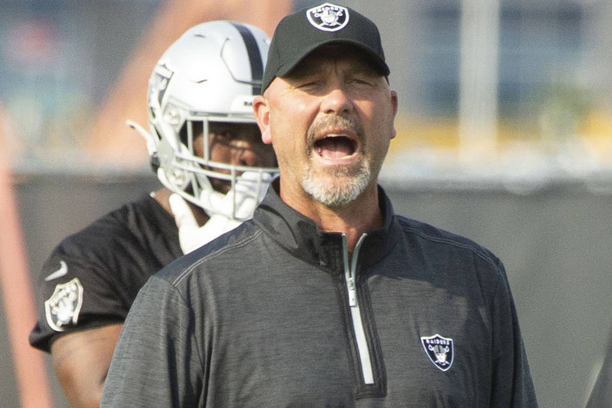 Raiders defensive coordinator Gus Bradley during an NFL football practice on Wednesday, June 16 ...