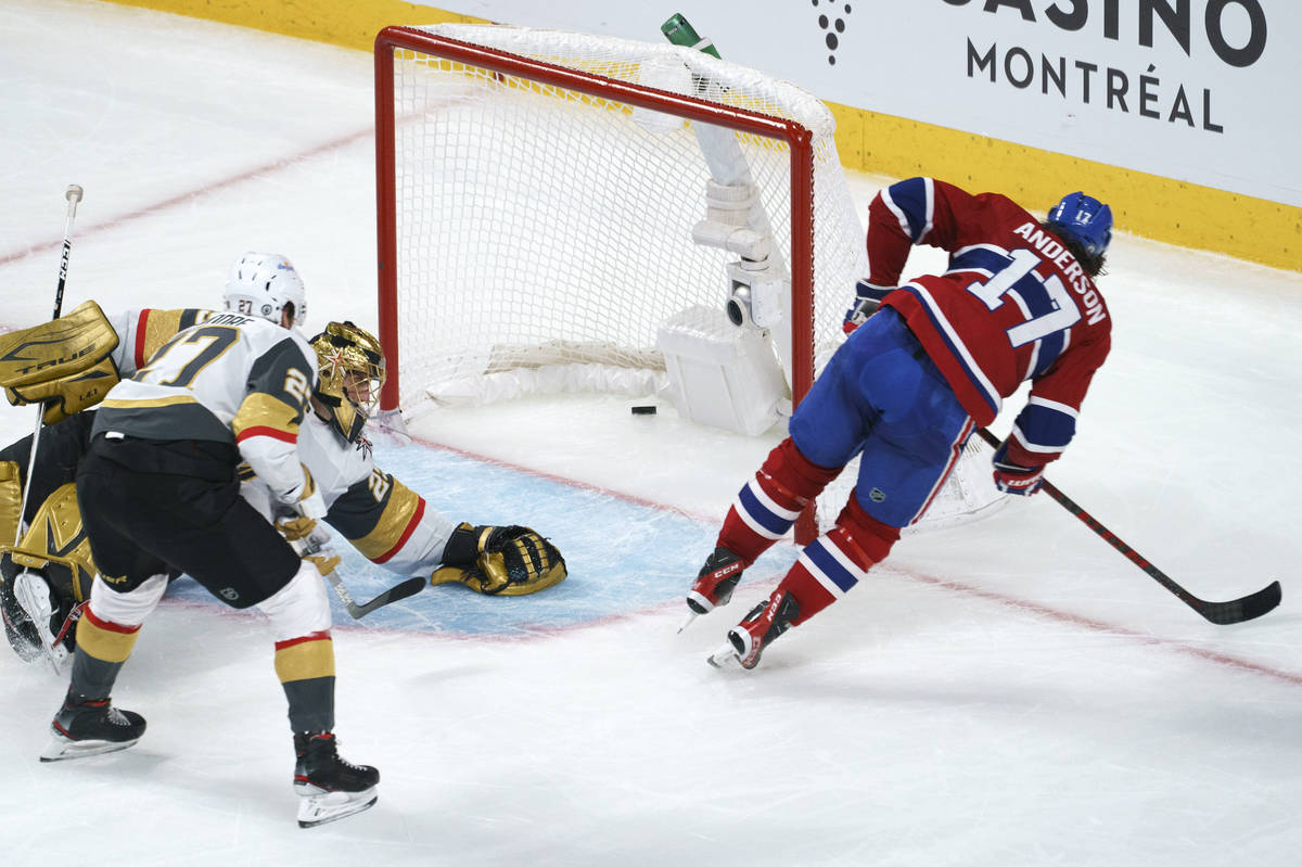 Montreal Canadiens' Josh Anderson scores past Vegas Golden Knights goaltender Marc-Andre Fleury ...