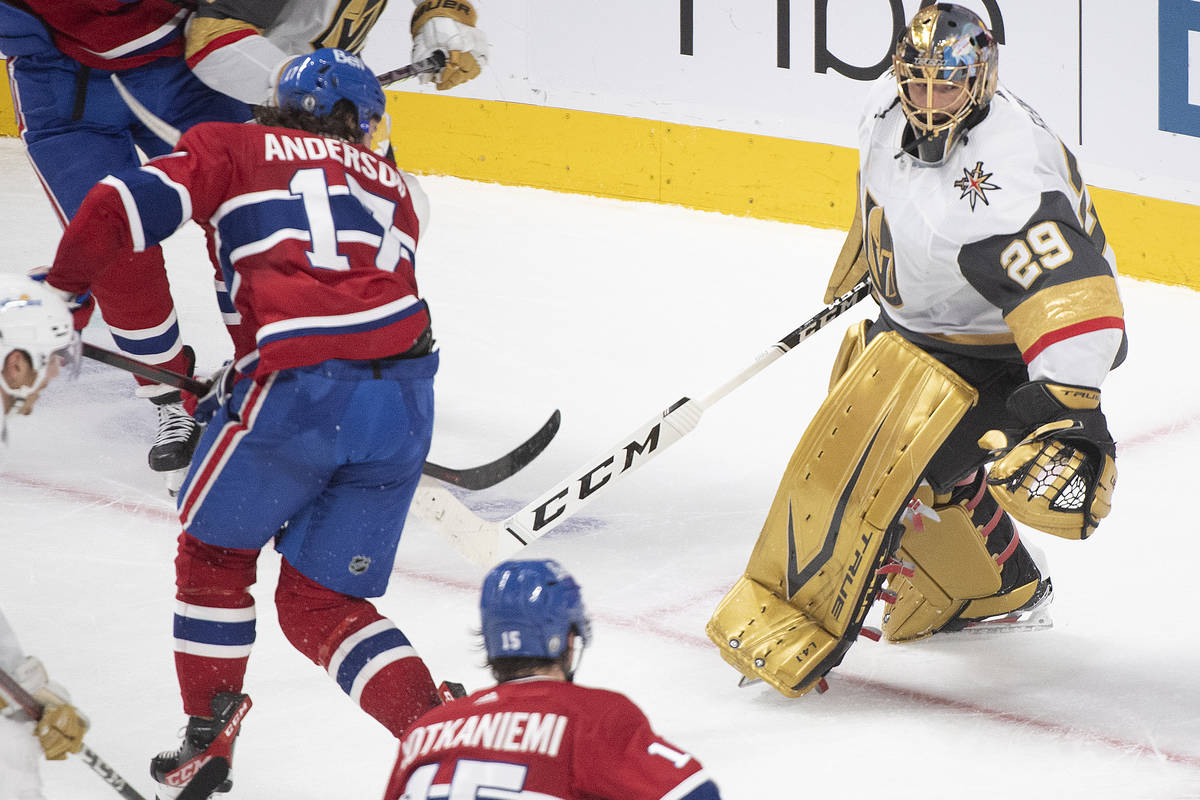 Montreal Canadiens' Josh Anderson (17) scores against Vegas Golden Knights goaltender Marc-Andr ...