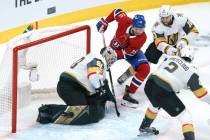 Vegas Golden Knights goaltender Robin Lehner makes a save off Montreal Canadiens' Jesperi Kotka ...